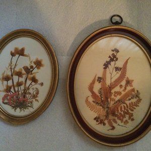 Two handmade pressed dried leaf and flower picture oval frame wall hanger decor